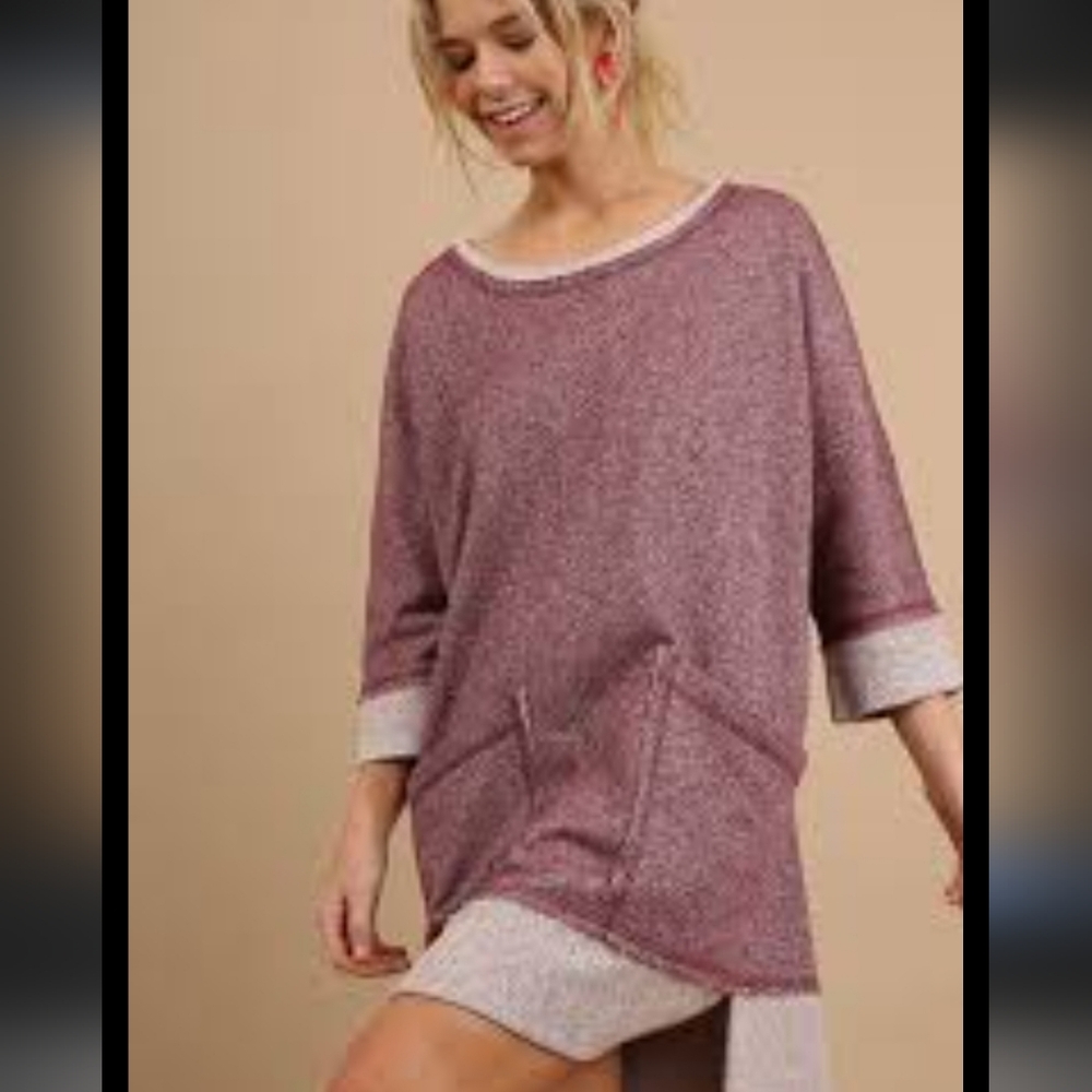 Umgee Burgundy Cream Metallic Silver French Terry Pockets Tunic Dress Small